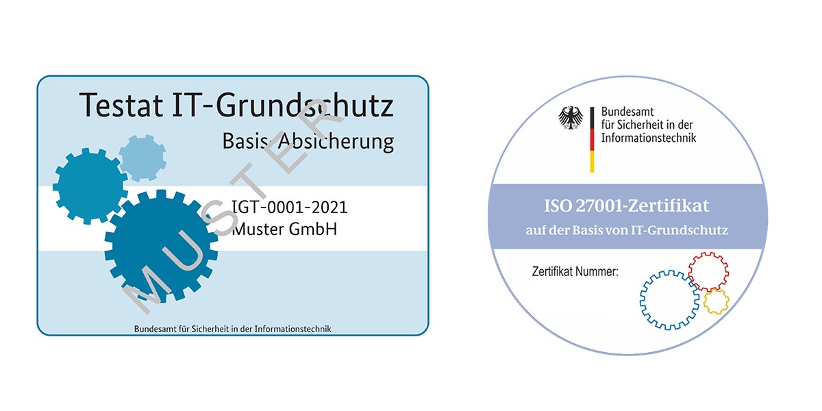 Muster-Vorlage des BSI Basis-Absicherung-Testats und der ISO 27001 Zertifizierung auf Basis von IT Grundschutz