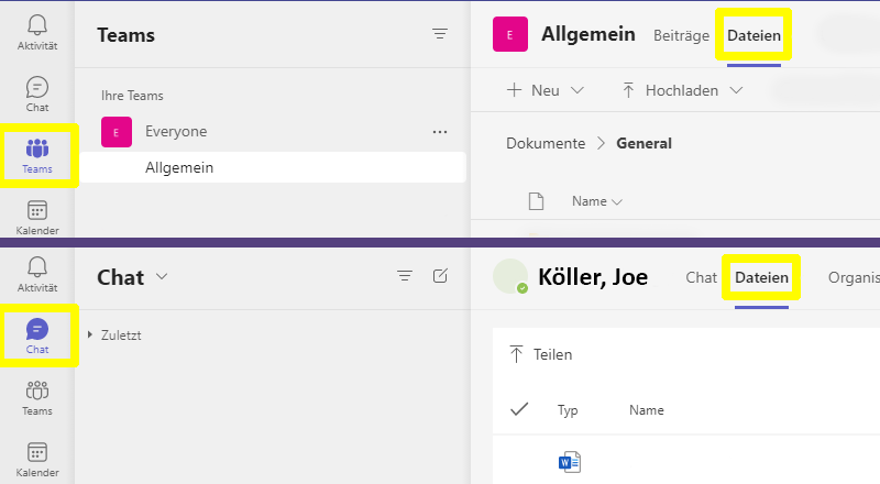 Benutzeroberfläche von MS Teams, in der der Datei-Tab markiert ist.