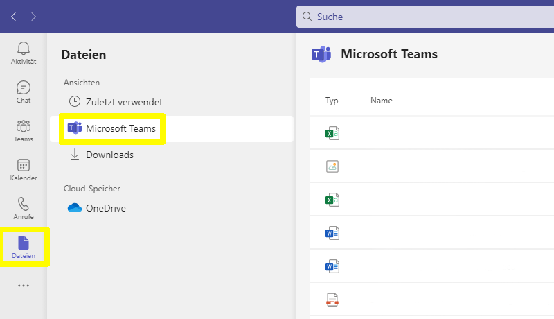 Benutzeroberfläche von MS Teams, in der der Datei-Reiter markiert ist.