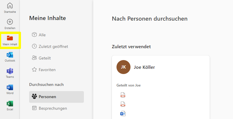 Benutzeroberfläche von Office Online, in der Mein Inhalt markiert ist.