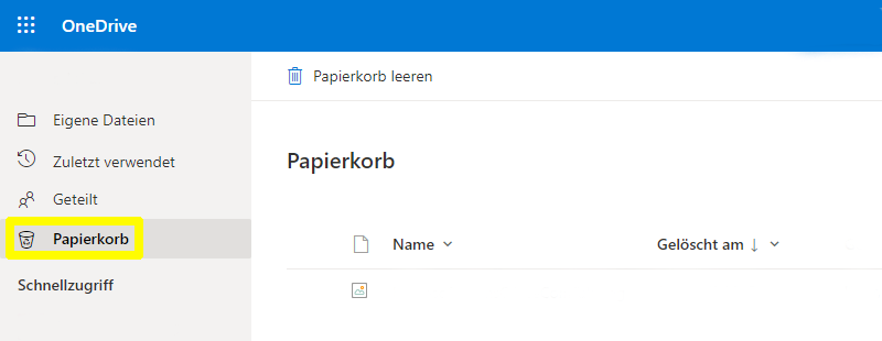 Aufbewahrung gelöschter Dateien im OneDrive Papierkorb.