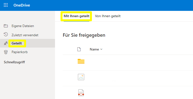 Benutzeroberfläche von OneDrive, in der Mit Ihnen geteilt markiert ist.