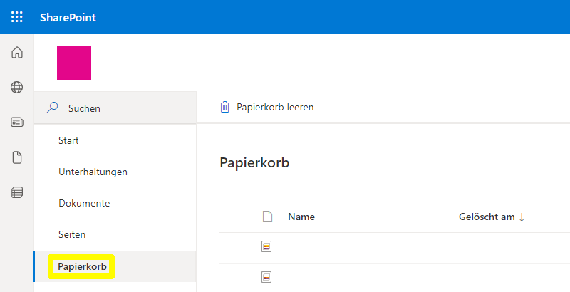 Aufbewahrung gelöschter Dateien im SharePoint Papierkorb.