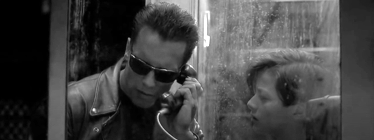 The Terminator speaking to T-1000 in phone booth with John Connor in Terminator 2: Judgment Day