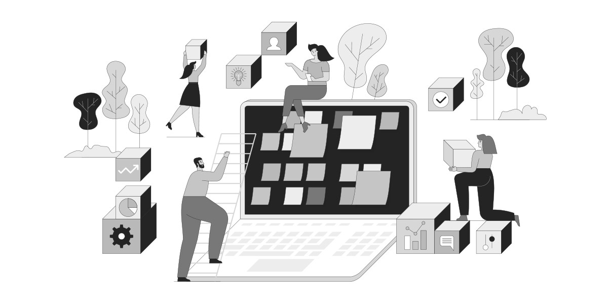 Various members of a team adding content and resources to a shared project management tool.