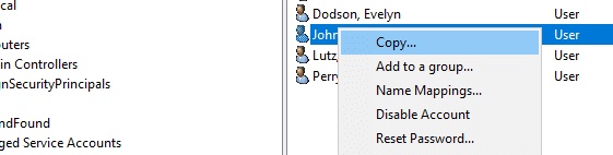 The Windows Active Directory Interface with Copy highlighted.