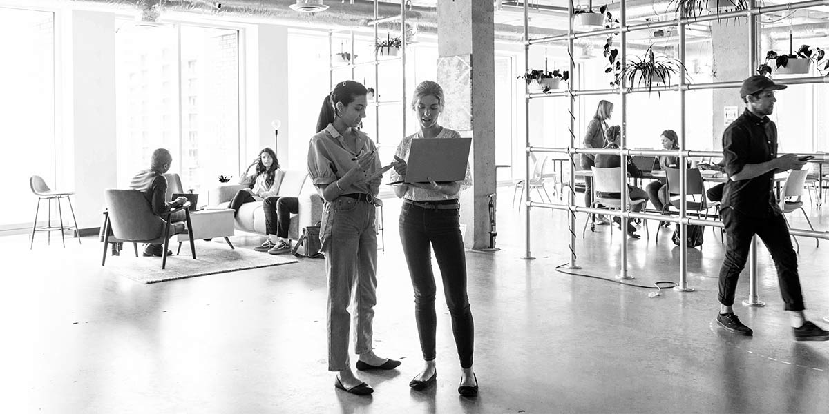 Employees at a digital marketing firm reviewing a contract on their laptop. A symbolic image highlighting the need for digital risk management and threat protection.