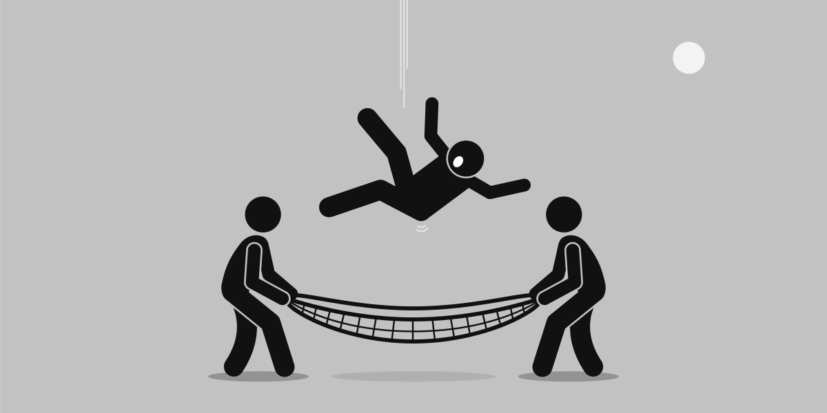 Two figures holding a safety net in order to catch a falling person. A symbolic image highlighting the need for cyber insurance in digital businesses.