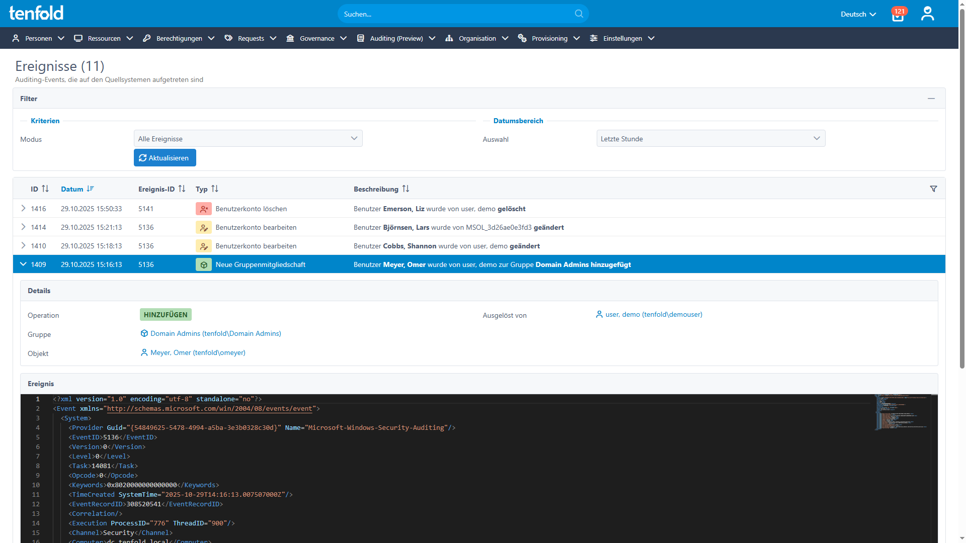 tenfold Screenshot, auf dem die Audit-Ereignisanzeige zu sehen ist.