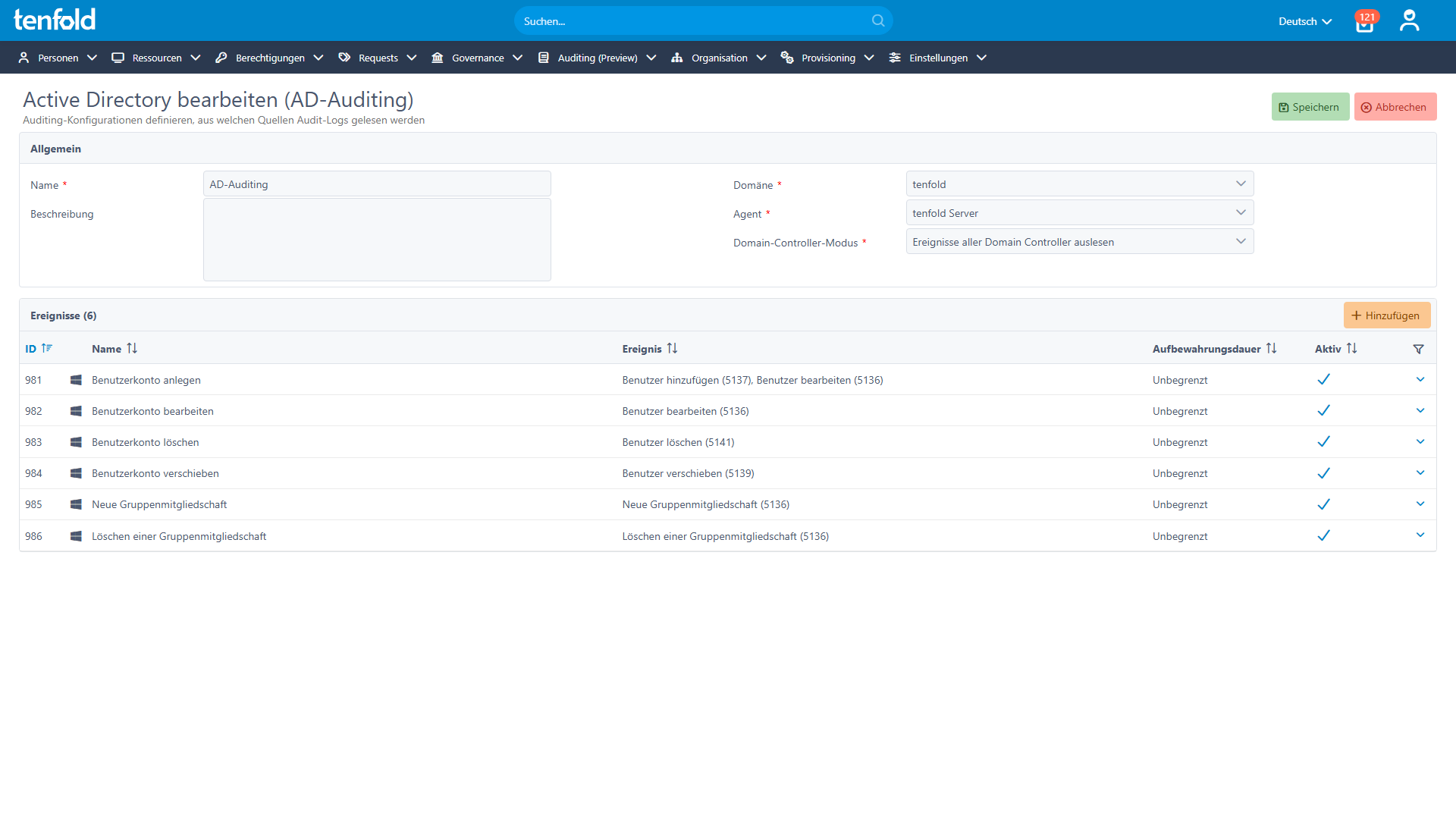tenfold Screenshot, der die Audit-Konfiguration zeigt.