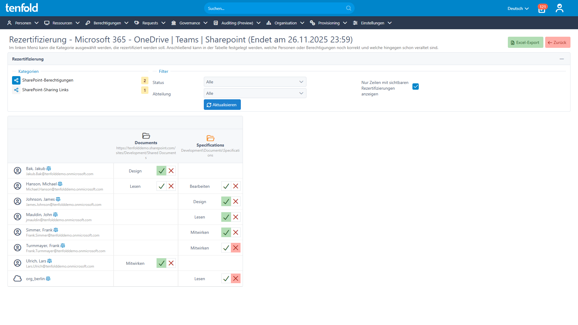 tenfold Screenshot, der die Rezertifizierung von SharePoint Berechtigungen zeigt.
