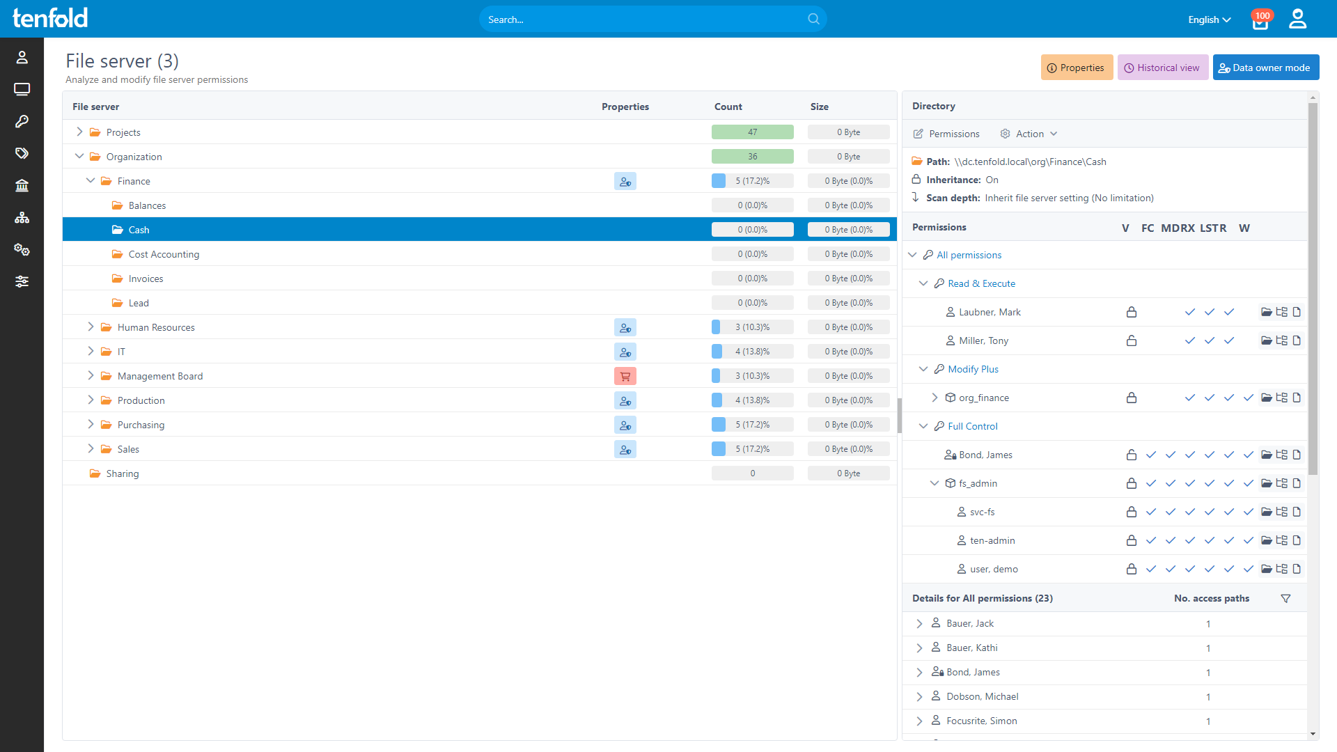 tenfold screenshot showing the permission breakdown for a file server object