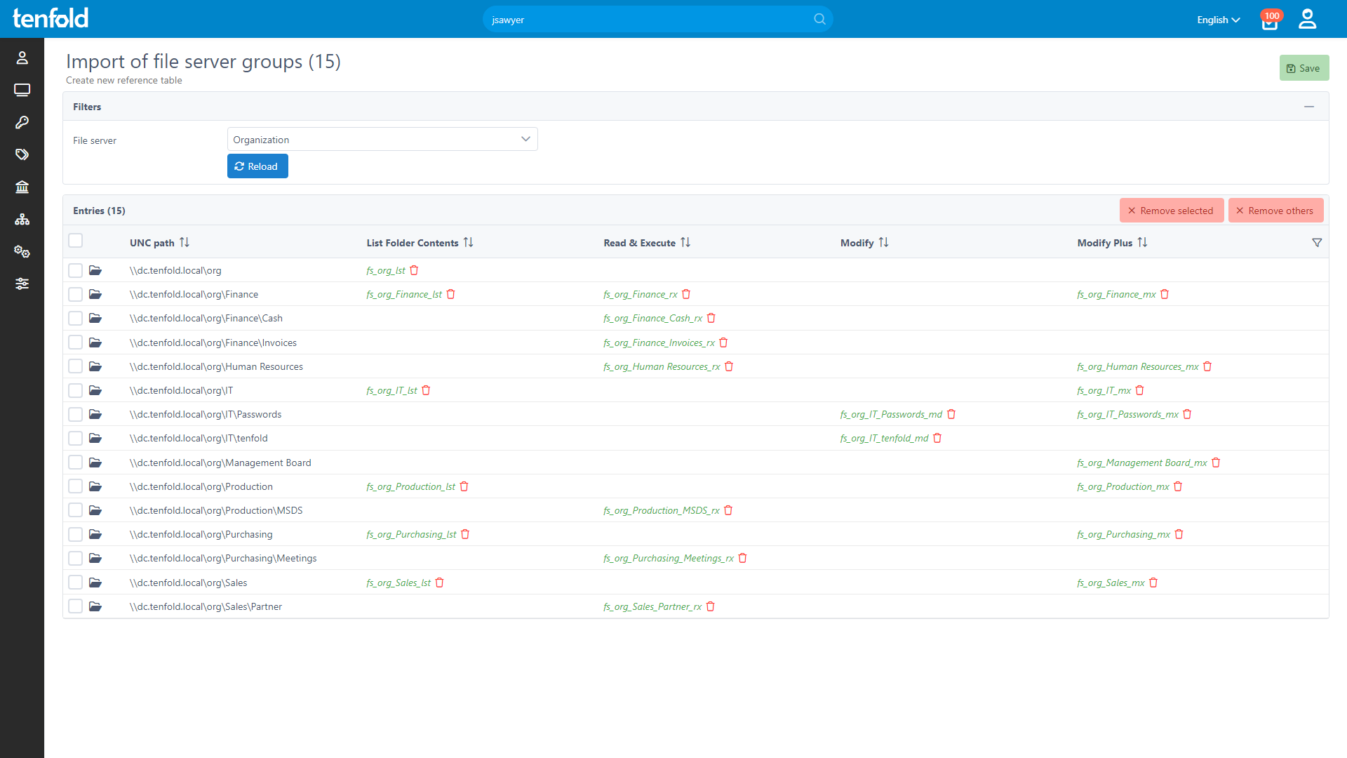 tenfold screenshot showing the file server group import interface.