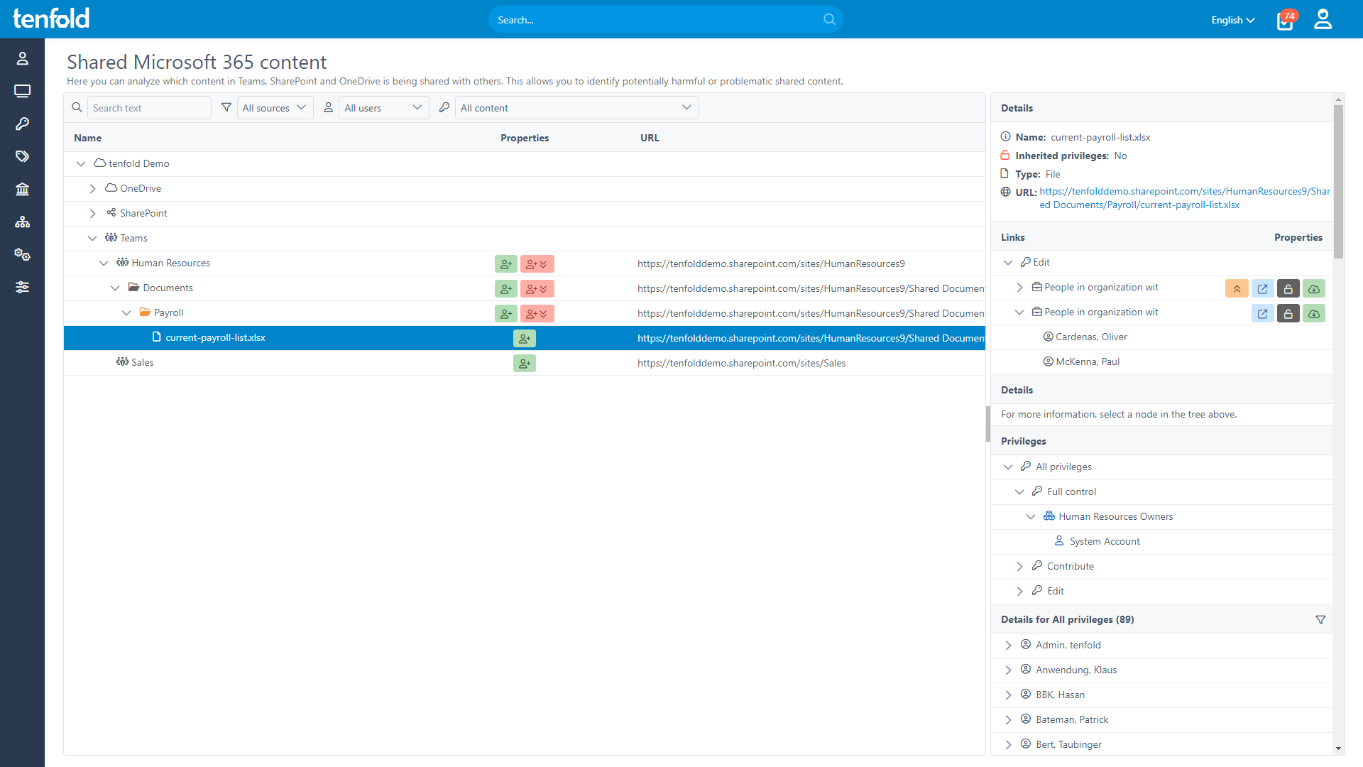 Screenshot of tenfold's user interface showing an overview of shared files.