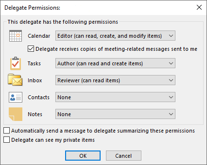 The Outlook interface for access delegation.