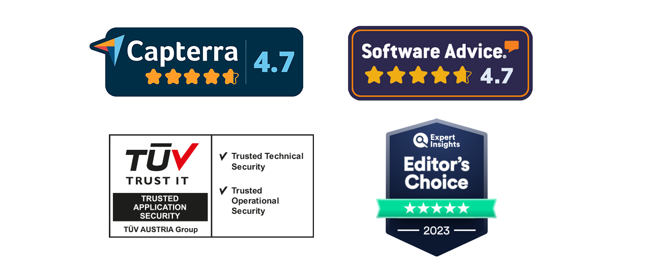Badges von Capterra, Software Advice, TÜV Trust IT und Expert Insights.