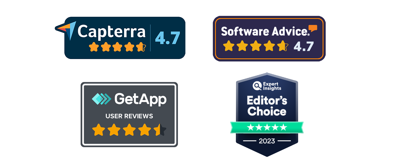 Badges, awards and ratings from Capterra, Software Advice, GetApp and Expert Insights.